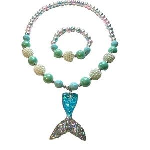 Mermaid Pendant Necklace, Toddler Sparkly Bead Necklace & Bracelet